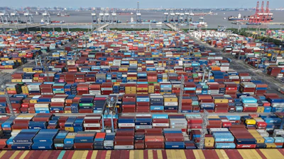 An aerial view of a container terminal in seen in Shanghai, March 10, 2026.