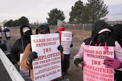 Meatpacking workers strike at Colorado's JBS-owned Swift Beef company Monday, March 16, 2026, in Greeley, Colo.