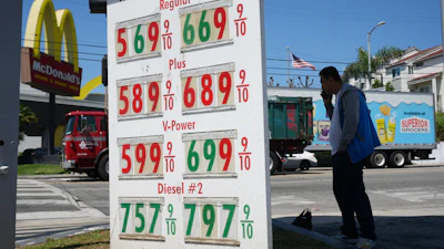 Gas prices are displayed at a station in Los Angeles, April 7, 2026.