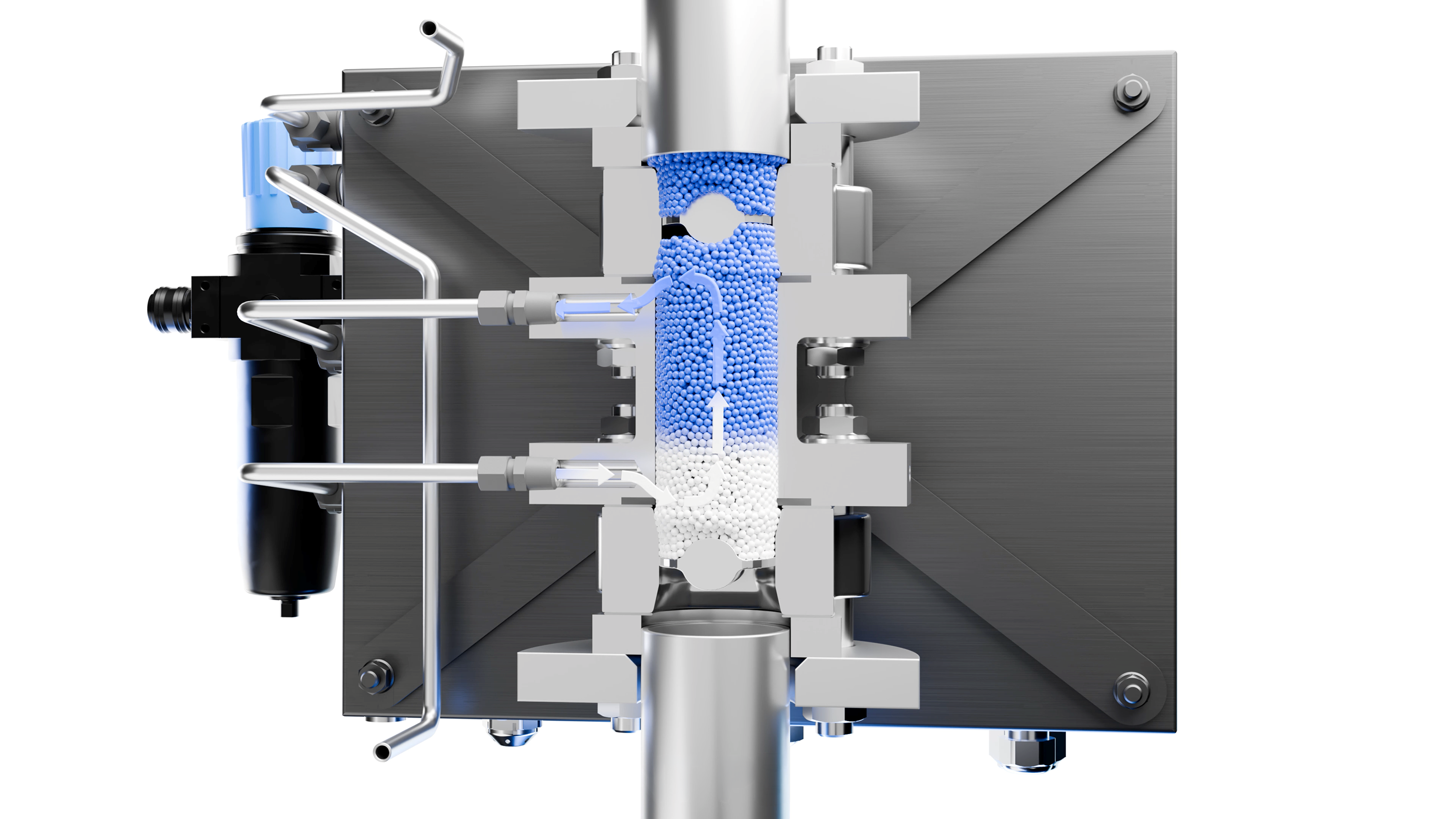 A cross-sectional view of the DewTector's product chamber, illustrating the air flow. The direct measurement approach using a hygrometer eliminates the need for complex calibrations for each formulation.