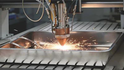 A close-up of a laser-directed energy deposition (LDED) system fabricating the novel AI-designed ultra-high strength steel, which achieves a rare balance of strength and ductility, excellent corrosion resistance, and requires only six hours of single-step heat treatment at low cost.