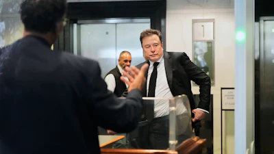 Elon Musk arrives at the U.S. District Court in Oakland, Calif., Tuesday, April 28, 2026.