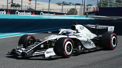 Cadillac driver Sergio Perez of Mexico steers his car during a qualifying session for the Miami Formula One Grand Prix auto race, Saturday, May 2, 2026, in Miami Gardens, Fla.