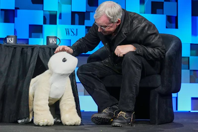 Colin Angle, longtime CEO of Roomba, unveils a four-legged prototype of artificial pet Daphne, called a Familiar, at The WSJ Future of Everything, in New York, Monday, May 4, 2026.