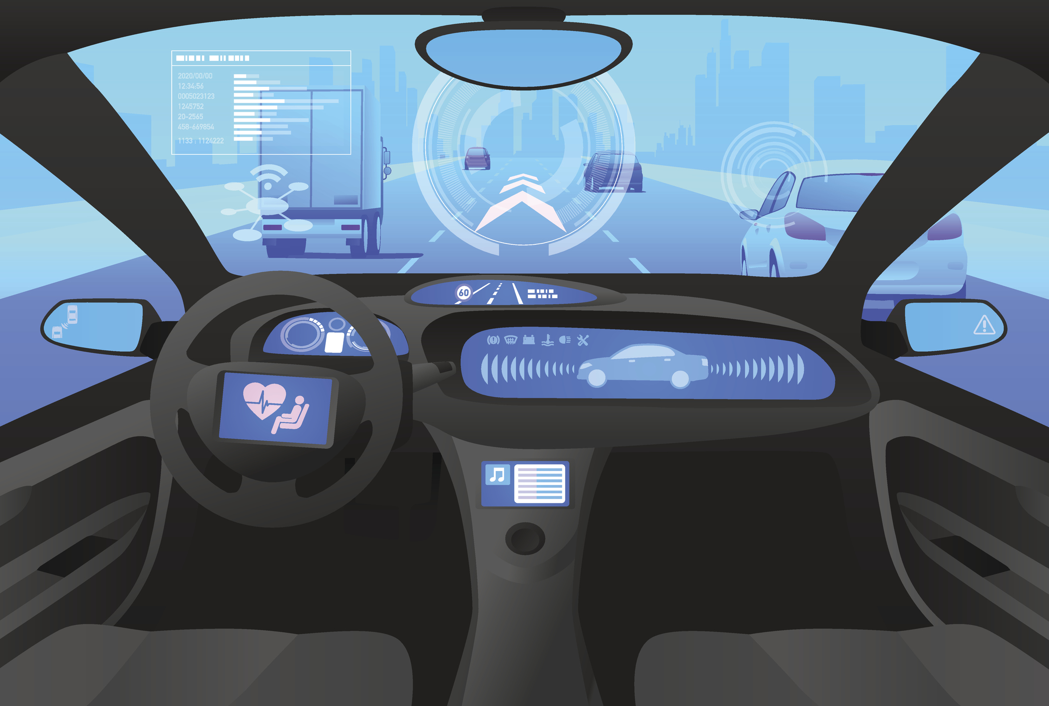 Automobile Cockpit, Various Information Monitors And Head Up Displays