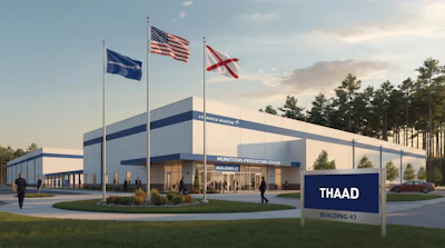 Architectural rendering of THAAD Munitions Production Center Building 47 with American and state flags at sunset