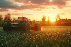 A mobile robot in an agricultural environment.