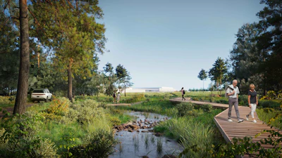Exterior rendering of Rivian's future Georgia manufacturing campus. This rendering shows a view of the front of the plant building, along with planned greenspaces filled with native plants.