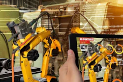Augmented reality interface displaying industrial robotic arms with control panels and operational overlays in a warehouse setting