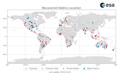 This map shows locations where confirmed space debris has been recovered. With the increase in launches, the European Space Agency predicts that future space debris could fall practically anywhere across the wor