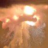 A Blue Origin New Glenn rocket explodes during an engine-firing test on Thursday, May 28, 2026, in Cape Canaveral, Fla.