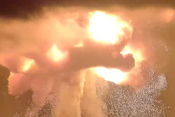 A Blue Origin New Glenn rocket explodes during an engine-firing test on Thursday, May 28, 2026, in Cape Canaveral, Fla.