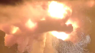 A Blue Origin New Glenn rocket explodes during an engine-firing test on Thursday, May 28, 2026, in Cape Canaveral, Fla.