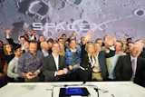 Gwynne Shotwell, President and COO of SpaceX, third from right, celebrates with colleagues during a bell ringing ceremony for the IPO of SpaceX at the Nasdaq MarketSite in New York, Friday, June 12, 2026, in New York.