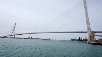 The Gordie Howe Bridge is shown under construction between Windsor, Ontario and Detroit, May 22, 2026.