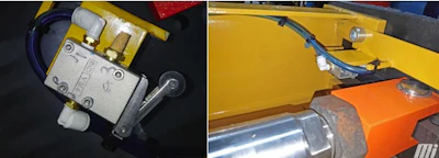 Figure 4. The mechanical limit switch, left, was installed at the end position of the knife gate valve, right, to provide feedback when it reached the end position.