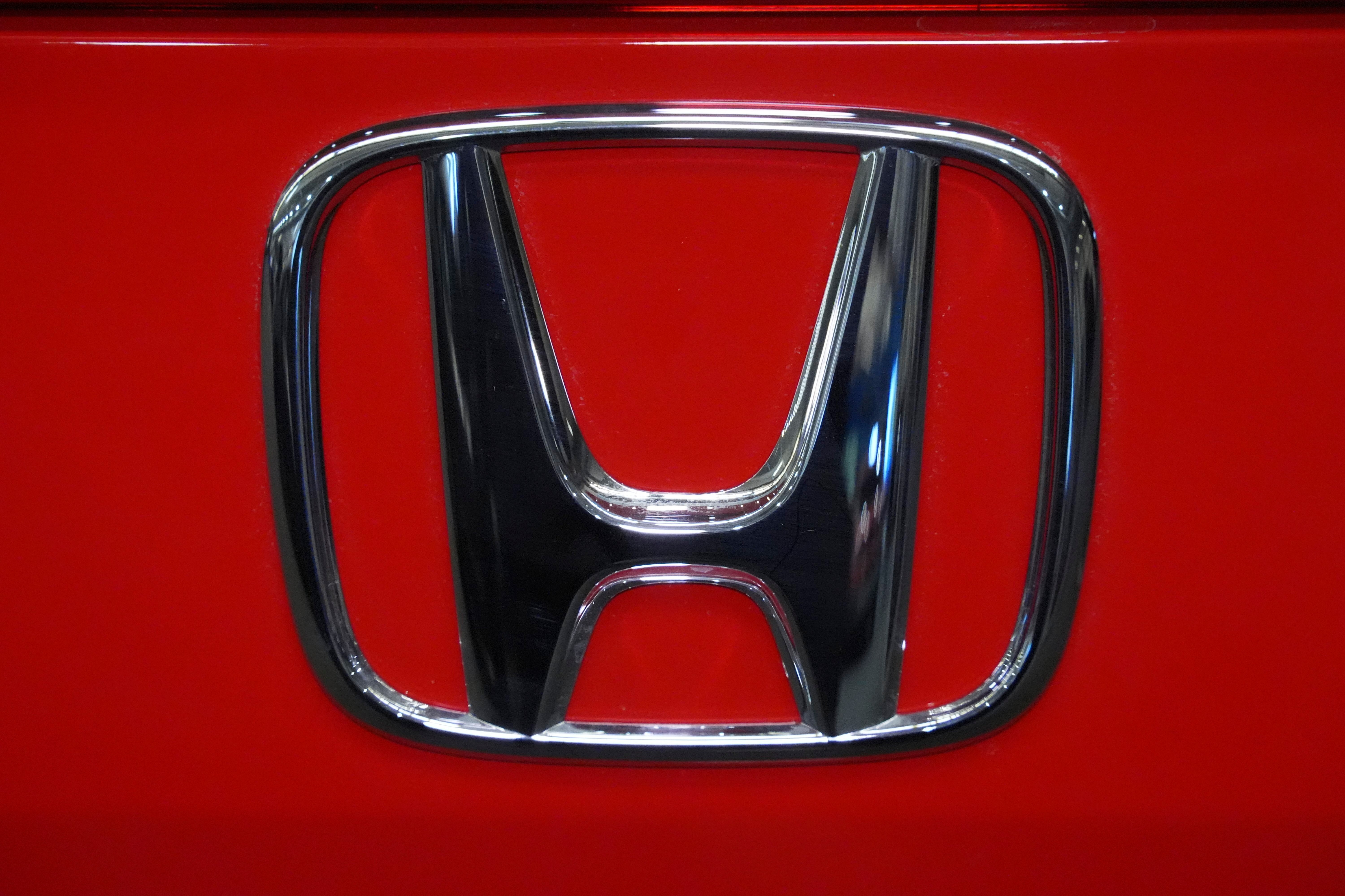 This is the Honda logo on a Honda Civic Sport Touring automobile on display at the Pittsburgh International Auto Show in Pittsburgh, Feb. 14, 2025.