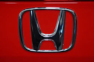 This is the Honda logo on a Honda Civic Sport Touring automobile on display at the Pittsburgh International Auto Show in Pittsburgh, Feb. 14, 2025.