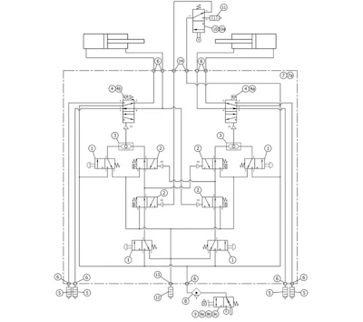 Figure 5. This circuit diagram example shows how the interlocking function with position feedback integration prevents overlapping operation of two process valves. The added buttons inside the panel allow manual override for certain situations.