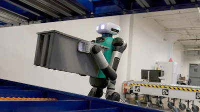 Agility Robotics' warehouse robot Digit performs maneuvers at the company's office in Pittsburgh on Aug. 16, 2023.