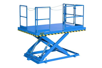 Blue scissor lift platform with safety railings and yellow-black striped edges