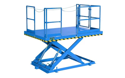 Blue scissor lift platform with safety railings and yellow-black striped edges