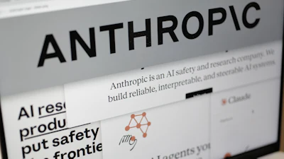 Pages from the Anthropic website and the company's logo are displayed on a computer screen in New York, Feb. 26, 2026.