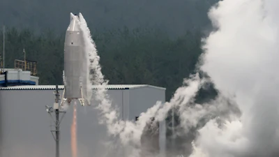 The Reusable Vehicle eXperiment, known as RV-X, is seen in a test launch at the Noshiro Rocket Testing Center of the Japan Aerospace Exploration Agency in Noshiro, northern Japan, Saturday, July 11, 2026.