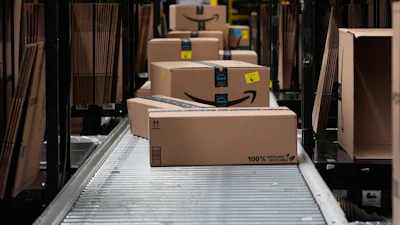 Boxes on a conveyor belt at an Amazon warehouse in Tepotzotlan, Mexico, May 22, 2025.