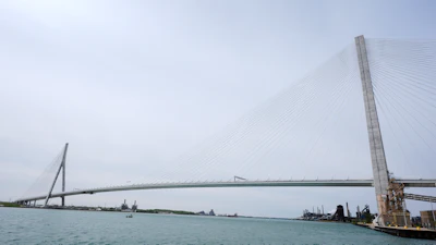 The Gordie Howe Bridge is shown under construction between Windsor, Ontario and Detroit, May 22, 2026.