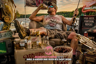 AI-generated illustration created using OpenAI's ChatGPT image generation tools. Depicts a fictional, exaggerated Wisconsin fishing scene.