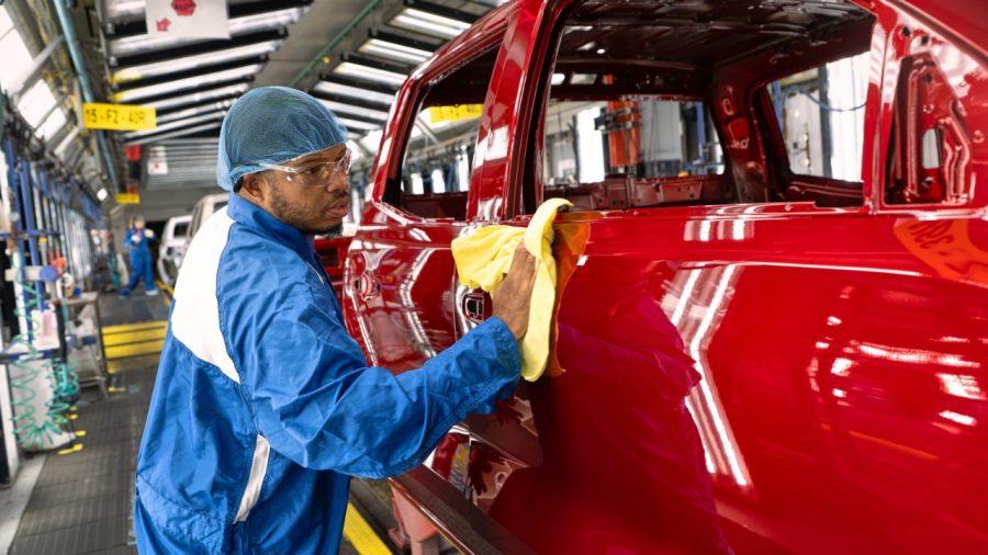 General Motors Wentzville Assembly paint shop employees Friday, July 24, 2026 as GM announces an approximately $157 million investment at Wentzville Assembly focused on paint and modernization work at the site in Wentzville, Missouri.