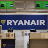 The Ryanair desk is seen, Aug. 10, 2018, at the Barajas airport in Madrid, Spain.