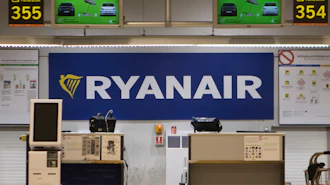 The Ryanair desk is seen, Aug. 10, 2018, at the Barajas airport in Madrid, Spain.