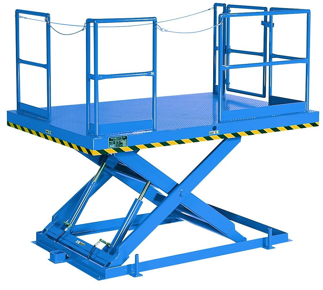 Blue hydraulic scissor lift platform with safety railings and yellow-black striped edges