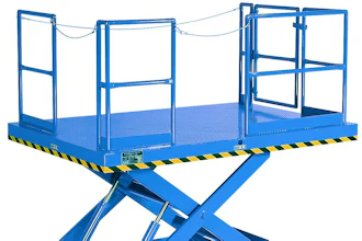 Blue hydraulic scissor lift platform with safety railings and yellow-black striped edges