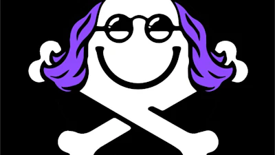 Smiling skull with purple hair and round glasses above crossed bones on black background