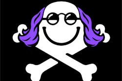 Smiling skull with purple hair and round glasses above crossed bones on black background