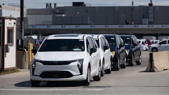 Chrysler Pacificas are driven off the lot at Windsor Assembly Plant in Windsor, Ontario, Canada, on Monday, Aug. 24, 2026.