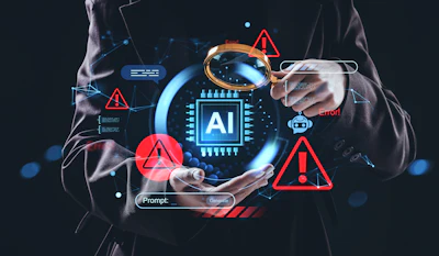 Person holding holographic AI chip with error warnings and technology interface elements