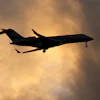 A Bombardier Global Express business jet approaches for landing in Lisbon, on June 13, 2023.