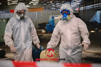 Two industrial workers in white protective suits and respirators at a manufacturing facility with Manufacturing Now logo