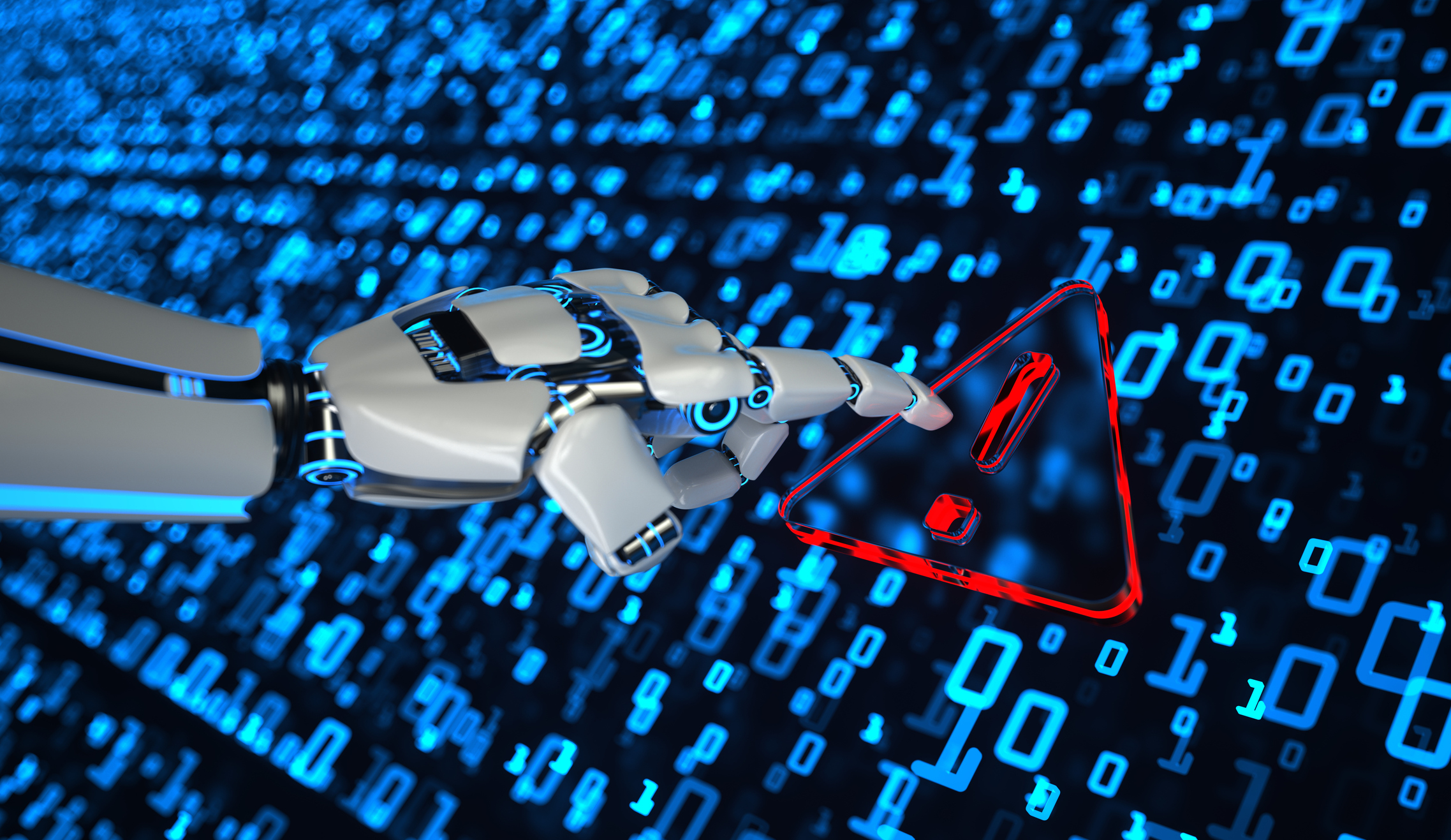 Robotic hand pointing at red warning triangle symbol with binary code background representing cybersecurity threat detection