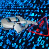 Robotic hand pointing at red warning triangle symbol with binary code background representing cybersecurity threat detection