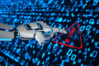 Robotic hand pointing at red warning triangle symbol with binary code background representing cybersecurity threat detection