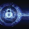 Glowing digital padlock surrounded by concentric blue circles and data streams representing cybersecurity and encryption technology