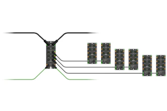 Network distribution system diagram with central hub connecting to six modular units via branching cables