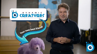 Screenshot of Dynamic Creatures co-founder and CEO Marc Theermann alongside a fluffy purple robot dog.