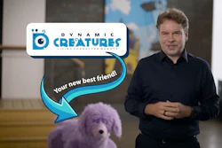 Screenshot of Dynamic Creatures co-founder and CEO Marc Theermann alongside a fluffy purple robot dog.