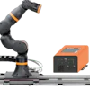 Collaborative robotic arm with orange control unit on linear rail system for industrial automation